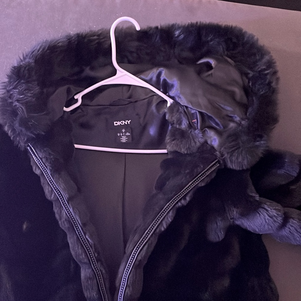 DKNY Miss Gallery Womens Hooded Heavyweight Faux Fur Coat with pockets.